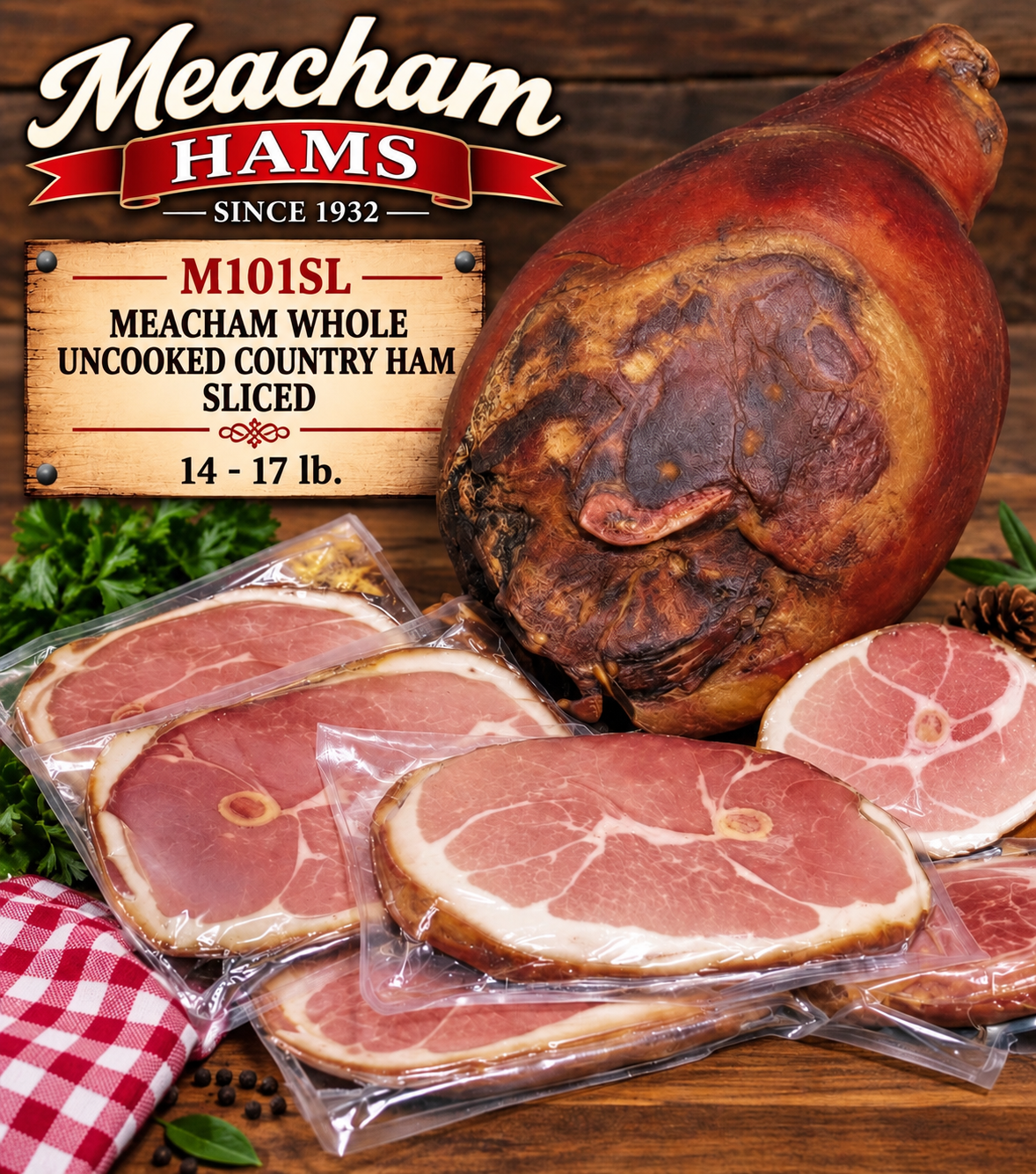 M101SL Meacham Whole Uncooked Country Ham SLICED 14- 17 lb.