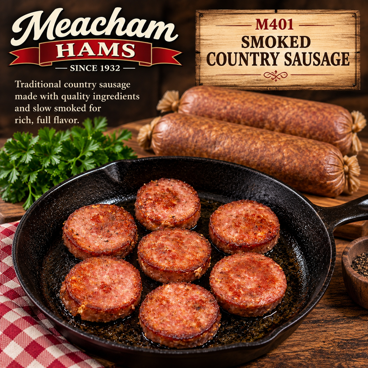 M401 Meacham Smoked Country Sausage Two 2 lb. Bags
